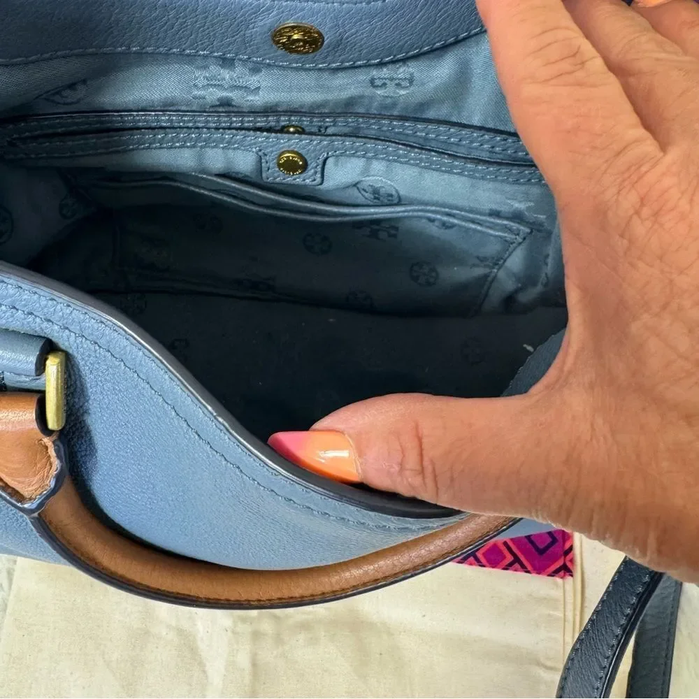Tory Burch Frances Leather Satchel Tote in Comet Blue w/ White and Brown Trim
